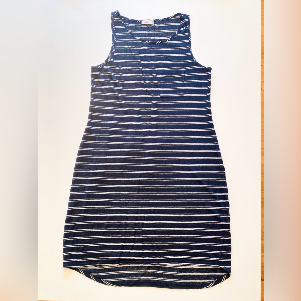 EUC VINCE XL L M Navy Linen White Striped Pocket Dress Knee Tank Pocket Sheer